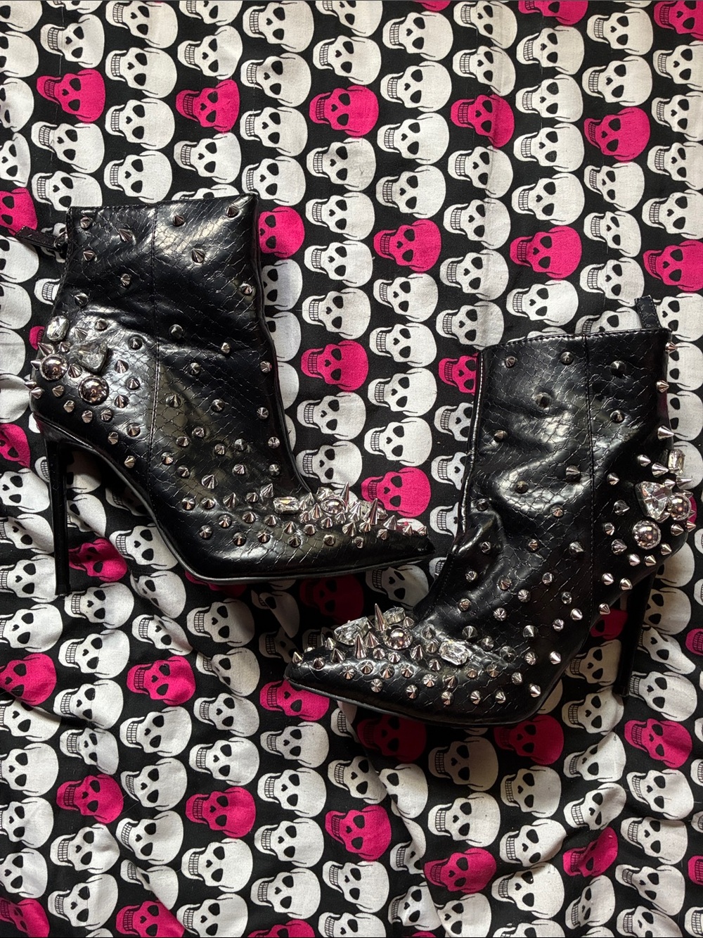 Spiked and jeweled faux leather healed pointed toe booties